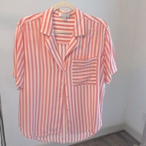 AYR Top Medium Womens Pool Boy Pink Striped Silk Blend Shirt (Flamingo)